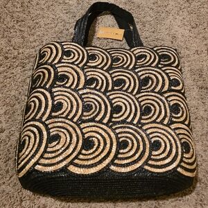 NWT Straw Studios Circle Art Deco Straw Purse Black & Tan. 13in long & 20in tall